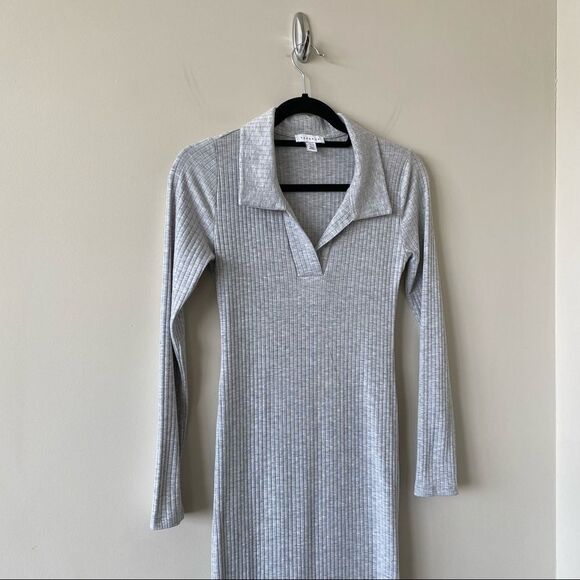 Topshop-Collar Ribbed Jersey Midi Side Slit Grey Dress (Size:4) - Picture 4 of 10